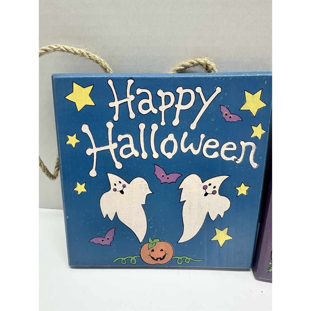 VTG 90's Halloween Painted Wooden Hanging Wall Plaques 7"x7" - Picture 3 of 7